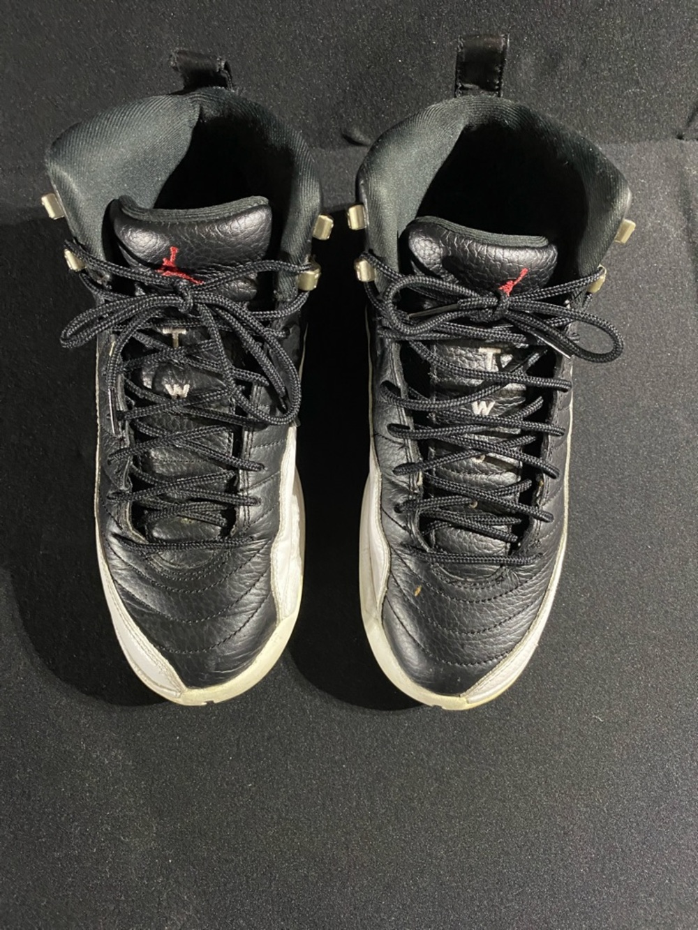 Air Jordan 12 Retro Black and White High-Top Sneakers with Red Jumpman Size 6Y